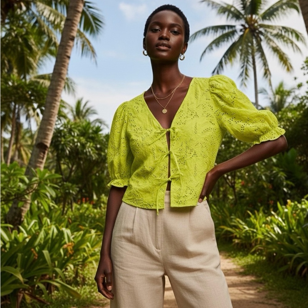 NWT Marc New York Neon Lime Eyelet Tie-Front Puff Sleeve Blouse - Large